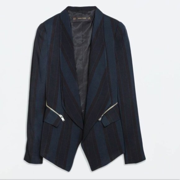 ZARA Navy Striped Wrap Waterfall Draped Blazer Jacked Coat with Zippers (Size S) - Picture 1 of 7